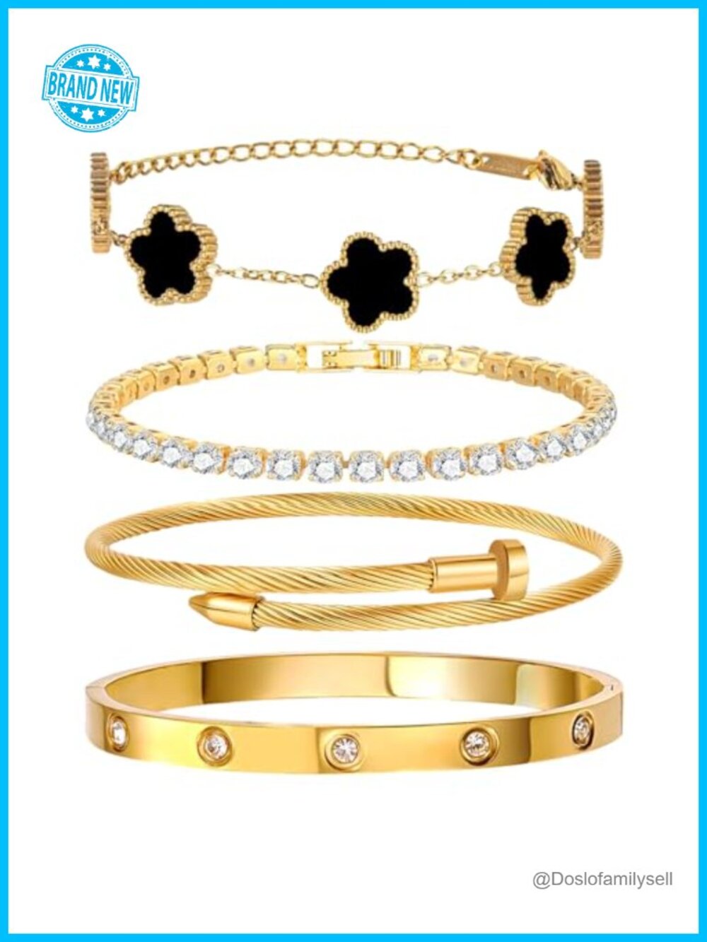 18K Gold Plated Womens Stackable Bracelets Set of 4 – Love Bangle, Tennis